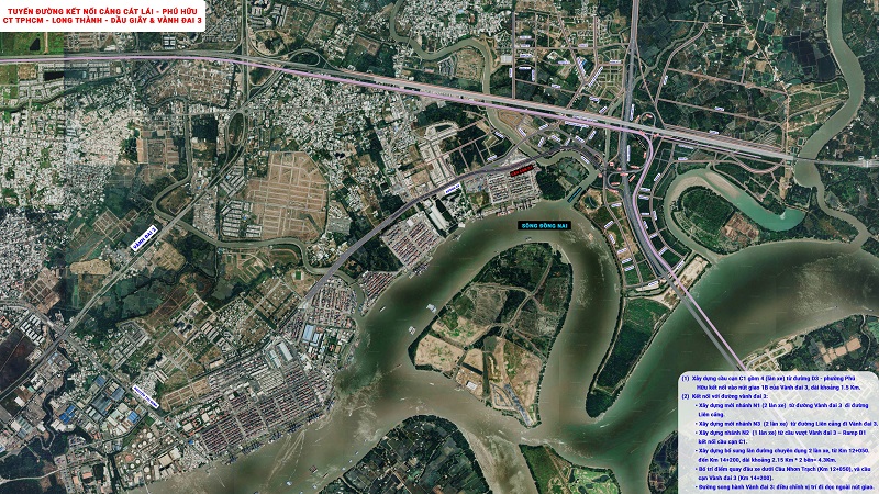 Bản đồ mô tả phương án kết nối cảng Cát Lái - Hữu Phú với 2 tuyến cao tốc.
