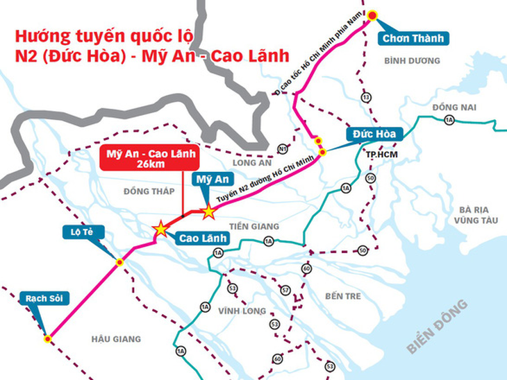 Vị trí đoạn đường Mỹ An - Cao Lãnh trong tuyến đường nối miền Đông với miền Tây mà không phải đi qua TP.HCM - Nguồn: Ban quản lý Dự án Mỹ Thuận