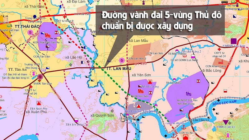 Đường vành đai 5 - vùng Thủ đô đoạn từ KCN Yên Sơn - Bắc Lũng đến đường 293B (màu xanh lá cây) sẽ được đầu tư xây dựng. (Đồ họa: Báo Bắc Giang).