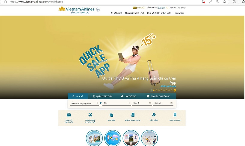 Hiện trang web, ứng dụng di động của Vietnam Airlines là kênh mua sắm dịch vụ hàng không, du lịch đặc biệt tiện lợi với dịch vụ đa dạng từ mua vé máy bay đến đặt chỗ khách sạn. 