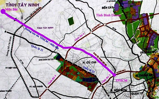 Sơ đồ hướng tuyến hiện tại của Dự án đường cao tốc TP HCM - Mộc Bài