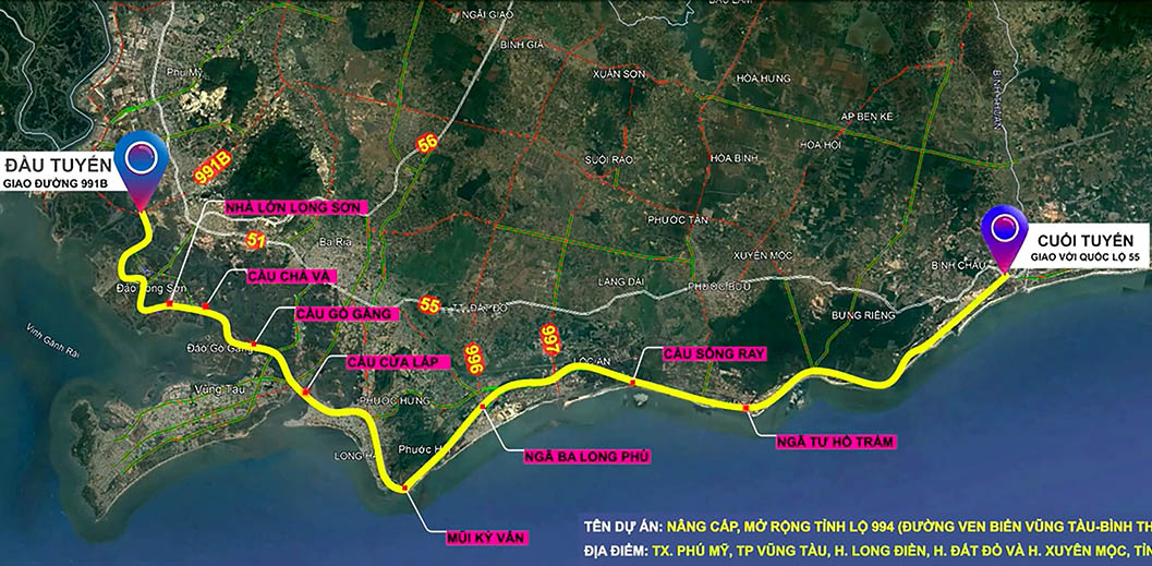 Sơ đồ tuyến đường ĐT 994 nối Bà Rịa - Vũng Tàu với Bình Thuận
