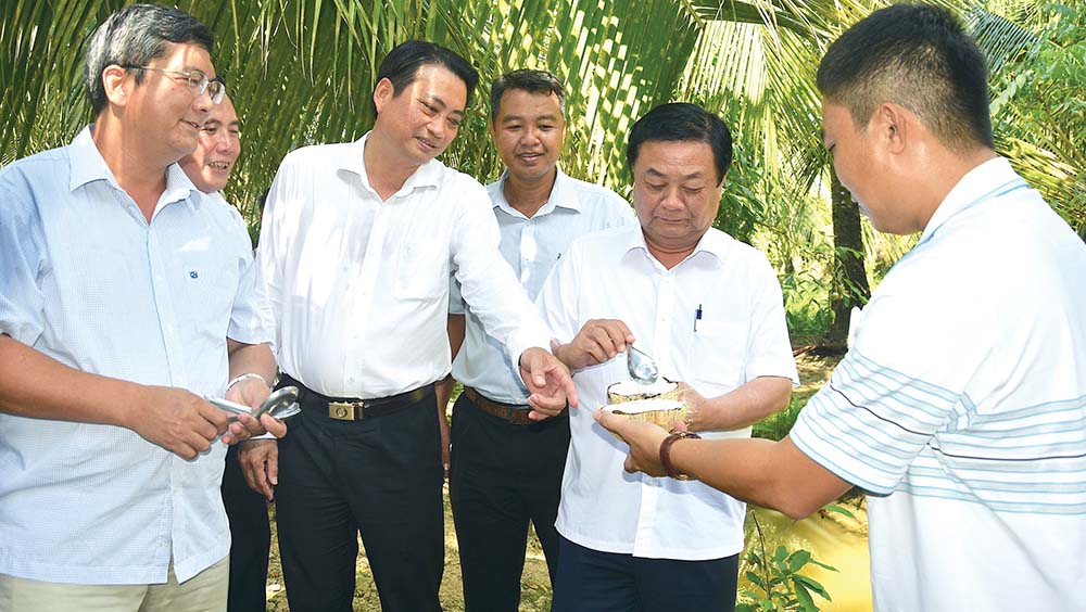 Bộ trưởng Bộ Nông nghiệp và Phát triển nông thôn Lê Minh Hoan (thứ hai từ phải sang) khảo sát mô hình trồng dừa sáp nuôi cấy phôi cho hiệu quả kinh tế  tại Châu Thành