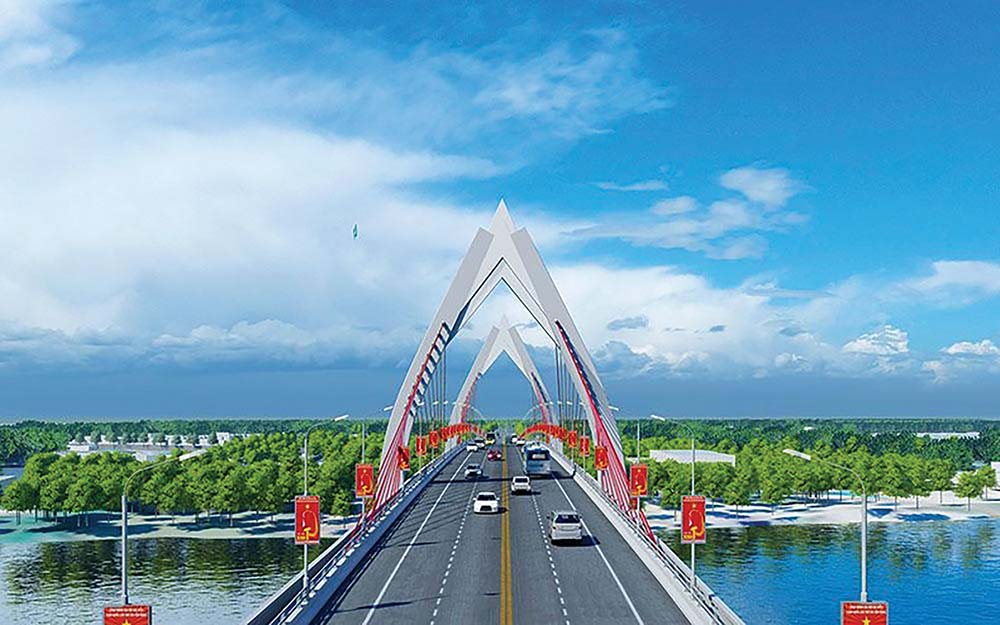 Phối cảnh cầu qua sông Đào TP. Nam Định tổng mức đầu tư 1.200 tỷ đồng được khởi công ngày 15/10/2022 và dự kiến năm 2024 đi vào hoạt động