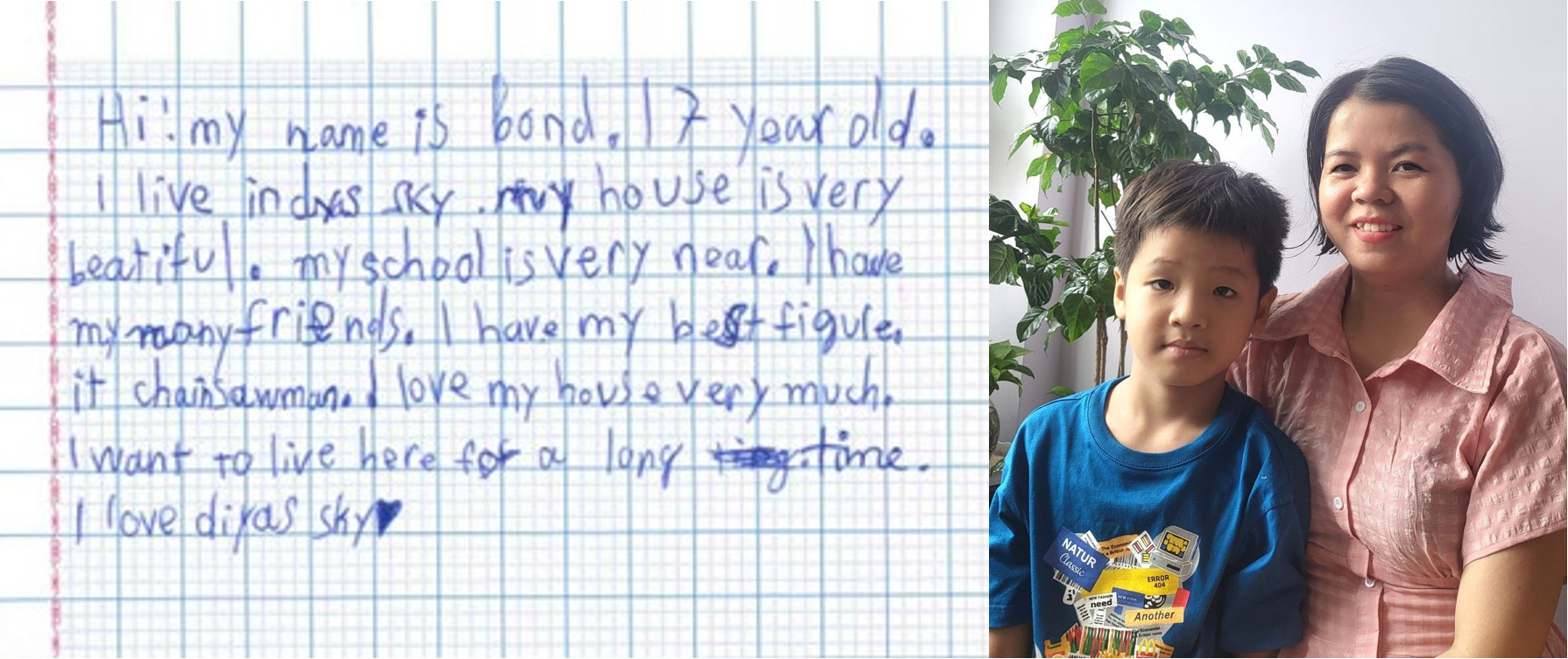 Bé Bond (7 tuổi) đầy tự hào khoe bài văn được viết bằng tiếng Anh, mô tả về tổ ấm của mình tại DIYAS SKY 