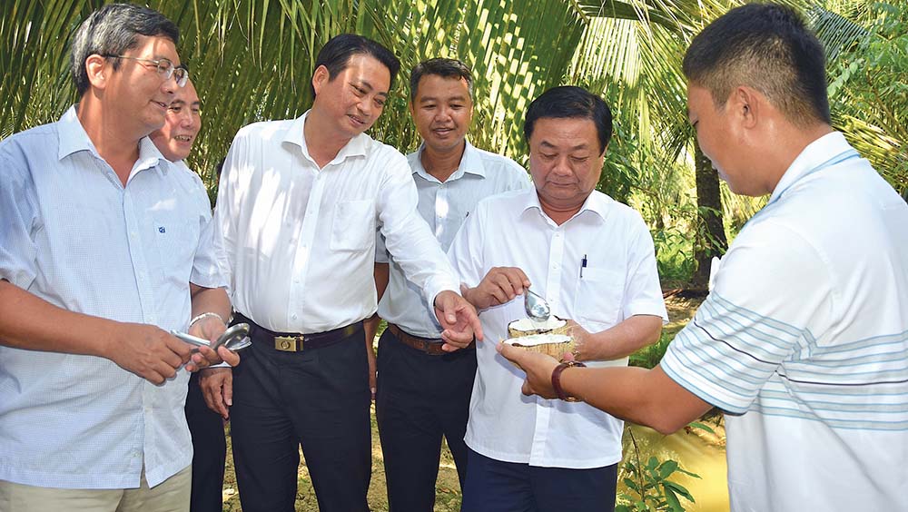 Bộ trưởng Bộ Nông nghiệp và Phát triển nông thôn Lê Minh Hoan và lãnh đạo tỉnh Trà Vinh khảo sát mô hình doanh nghiệp trồng dừa sáp nuôi cấy phôi cho hiệu quả kinh tế cao tại Trà Vinh	