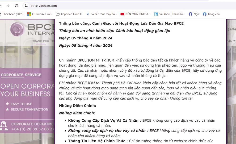ngân hàng BPCE IOM Chi nhánh TP.HCM phải cảnh báo an ninh khẩn cấp ngay trên website của mình 