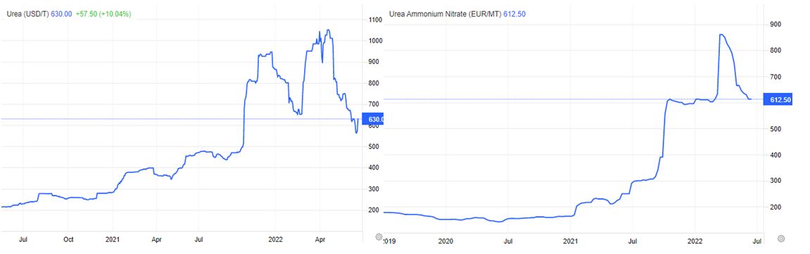 Diễn biến giá Urea và Urea Ammonium Nitrate bắt đầu giảm mạnh (Nguồn: Trading Economics).