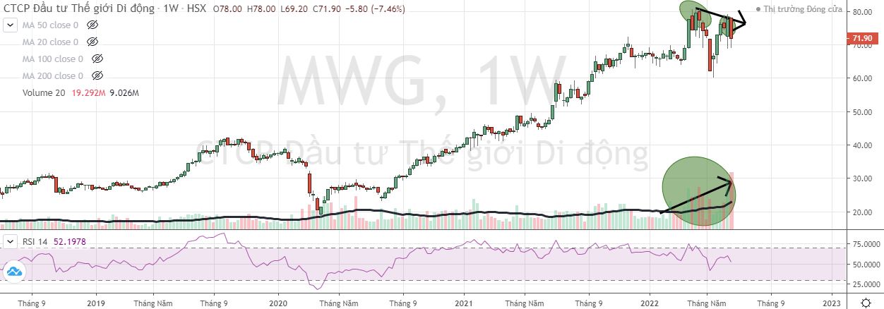 Cổ phiếu MWG có dấu hiệu phân phối đỉnh (Nguồn: FireAnt).