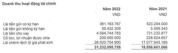 Cơ cấu doanh thu tài chính của Đầu tư Cao su Đắk Lắk trong năm 2022 (Nguồn: BCTC).