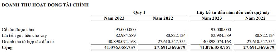 Cơ cấu doanh thu tài chính trong quý I/2023 của Năm Bảy Bảy (Nguồn: BCTC)