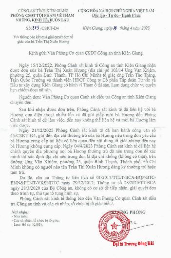 PC03) thông báo kết quả giải quyết đơn tố giác của Bà Trần Thị Xuân Hương (Nguồn: CIC Group)