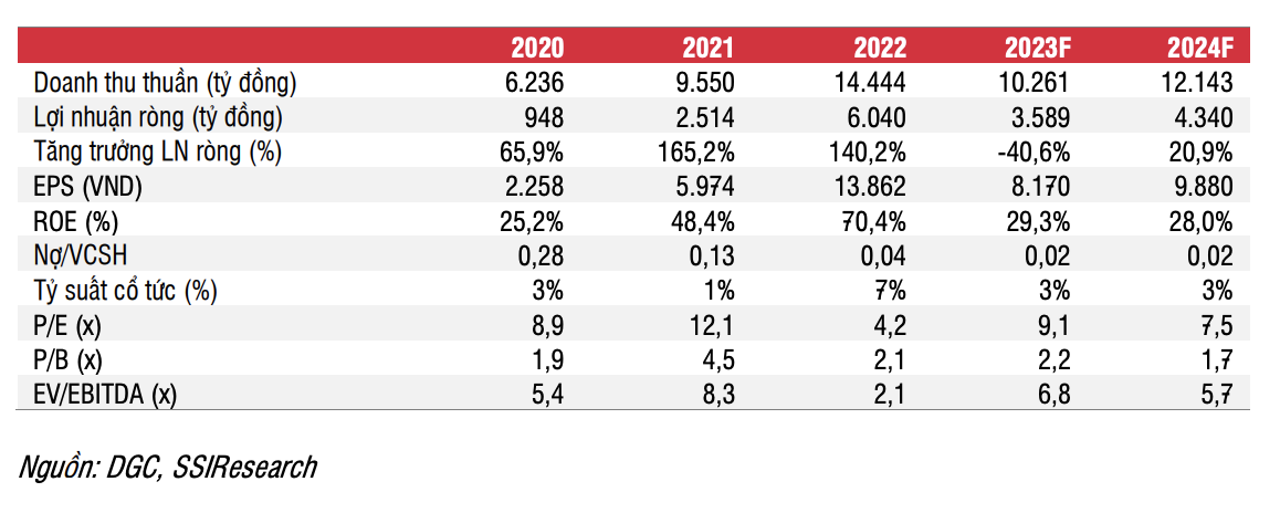 SSI Research dự phóng kết quả kinh doanh năm 2023 và năm 2023 của Hoá chất Đức Giang (Nguồn: SSI Research)