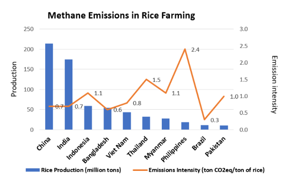 Ô nhiễm từ khí metan trong trồng lúa (Nguồn: Số liệu từ WB Khám phá Dữ liệu Khí hậu 2018 của FAOSTAT và CAIT).