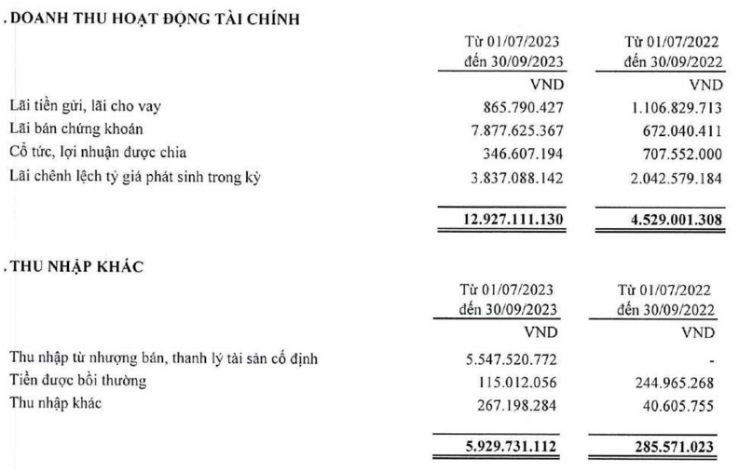 Cơ cấu doanh thu tài chính và doanh thu khác của Thép Tiến Lên trong quý III/2023 (Nguồn: TLH)