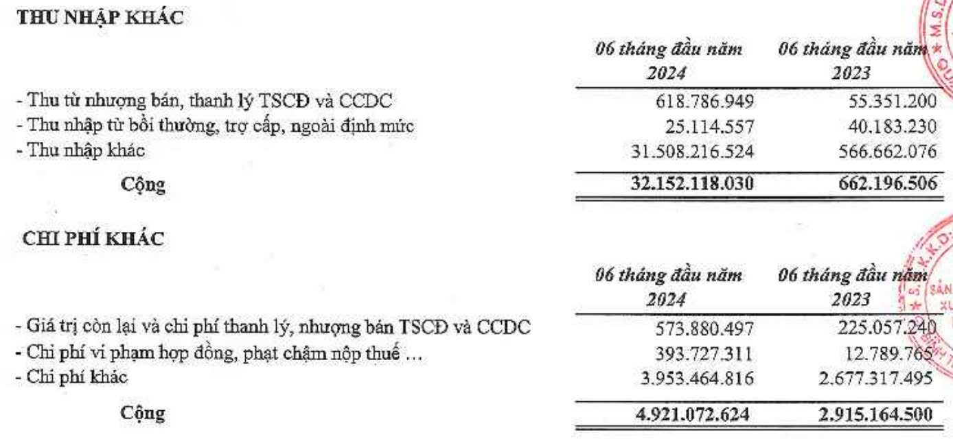 Cơ cấu thu nhập khác của Gilimex trong nửa đầu năm 2024 (Nguồn: Gilimex)