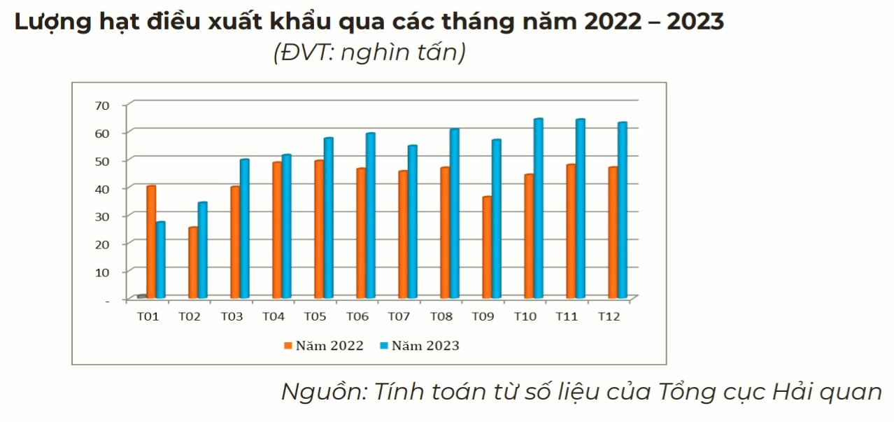  xuất khẩu hạt điều của Việt Nam trong năm 2023 đạt 644,13 nghìn tấn, trị giá 3,64 tỷ USD.