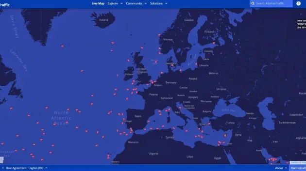 Các tàu chở LNG đang neo đậu dày đặc ở vùng biển của các nước châu Âu. Nguồn: MarineTraffic