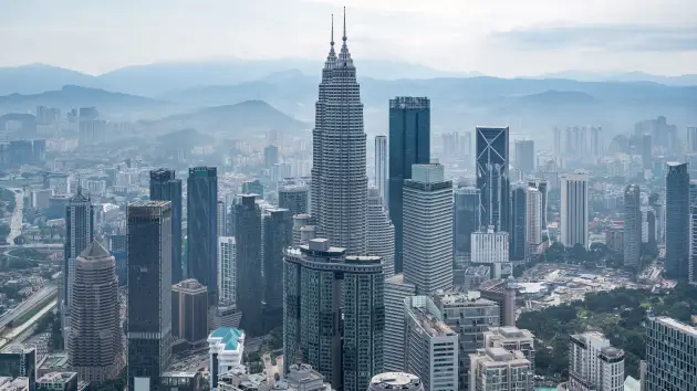 Tháp đôi Petronas và các tòa nhà thương mại khác nhìn từ trên cao ở Kuala Lumpu, Malaysia. Ảnh: AFP