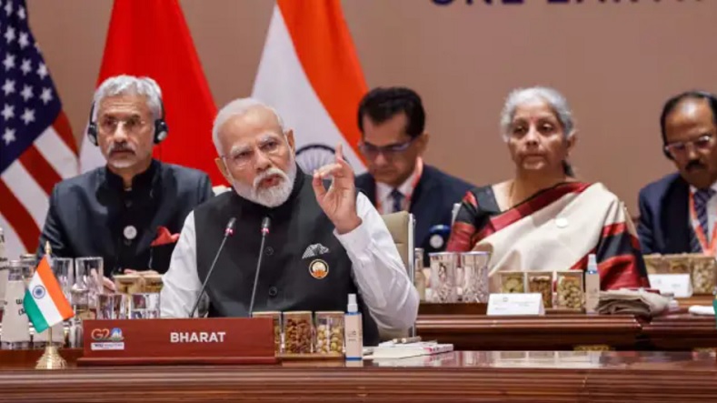 Thủ tướng Ấn Độ Narendra Modi (thứ hai từ trái sang) phát biểu tại phiên khai mạc Hội nghị thượng đỉnh các nhà lãnh đạo G20 tại New Delhi vào ngày 9/9/2023. Ảnh: AFP
