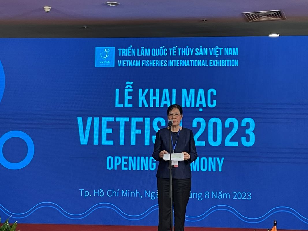 Bà Nguyễn Thị Thu Sắc, Chủ tịch Vasep phát biểu khai mạc Vietfish 2023.