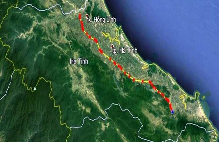 Sơ đồ cao tốc Bắc - Nam đoạn đi qua tỉnh Hà Tĩnh dài khoảng 102km đang tiến hành thi công