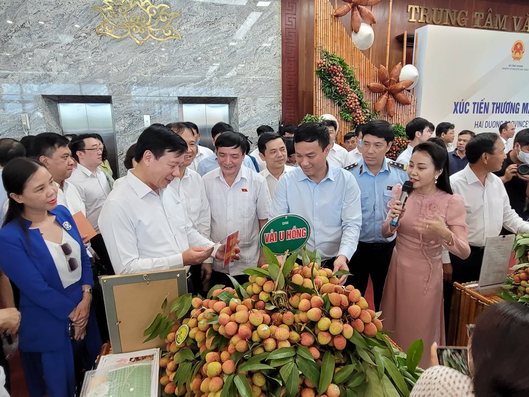 Các đại biểu tham quan khu vực trưng bày sản phẩm tiêu biểu của Hải Dương trong khuôn viên Trung tâm Văn hóa xứ Đông. Ảnh: Thanh Sơn