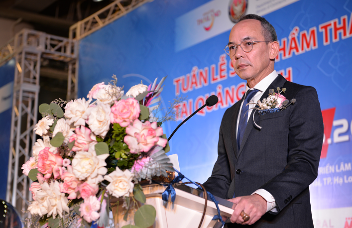 Ông Nikorndej Balabkura, Đại sứ đặc mệnh toàn quyền Vương quốc Thái Lan tại Việt Nam phát biểu khai mạc Tuần lễ sản phẩm Thái Lan 2022 tại Quảng Ninh