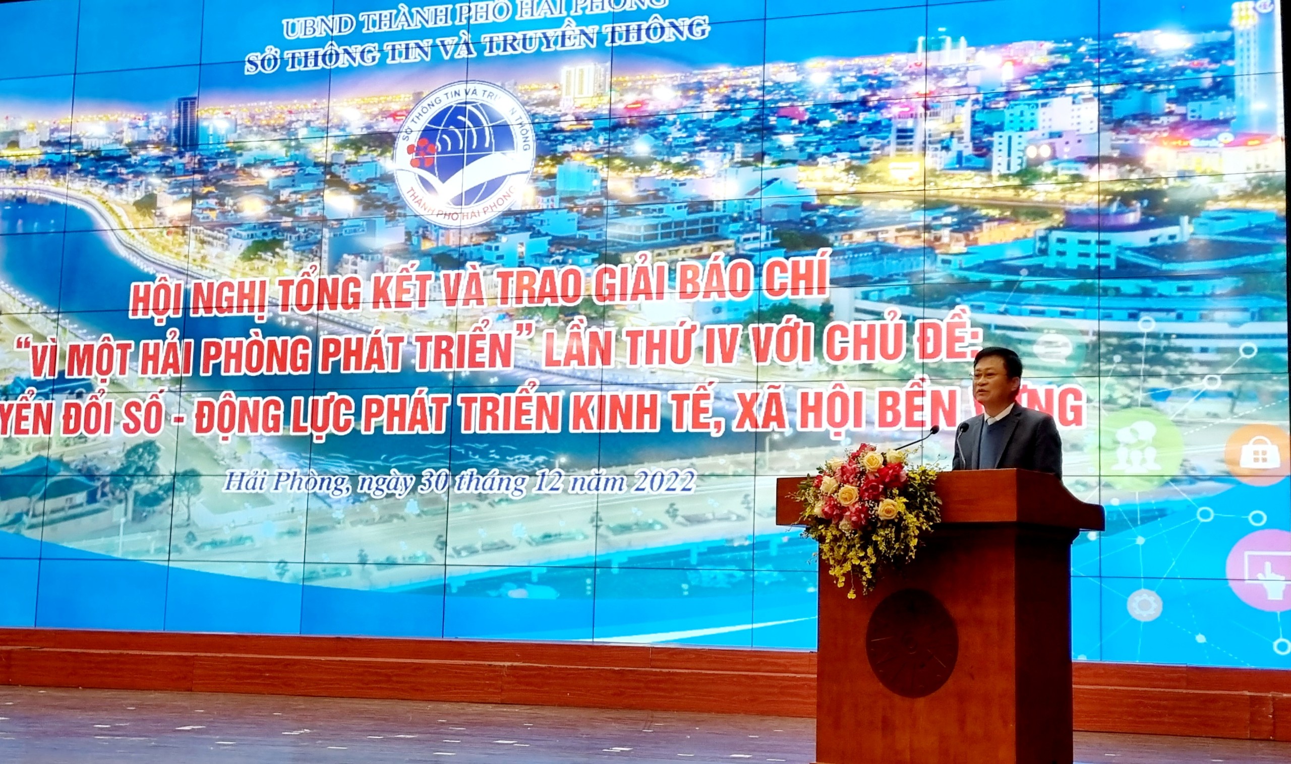 Ông Phạm Văn Tuấn, Giám đốc Sở Thông tin và Truyền thông TP.Hải Phòng phát biểu tại lễ trao giải. Ảnh: Thanh Tân