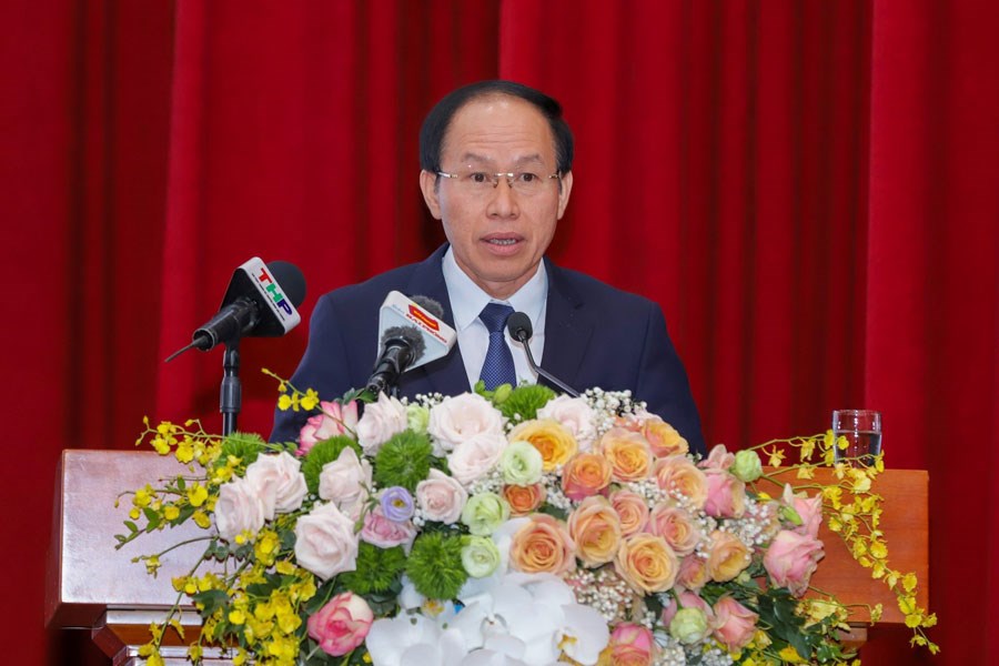 Ông Lê Tiến Châu, tân Bí thư Thành ủy Hải Phòng phát biểu nhận nhiệm vụ tại Hội nghị