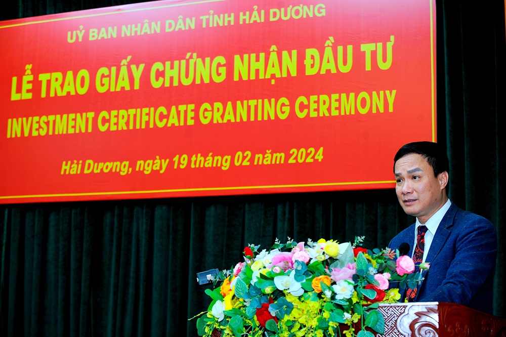 Ông Triệu Thế Hùng, Chủ tịch UBND tỉnh Hải Dương phát biểu tại lễ trao giấy chứng nhận đầu tư