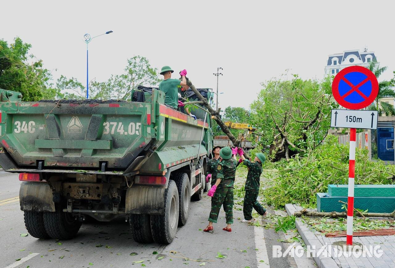 Cán bộ, chiến sĩ Đại đội công binh (Bộ Chỉ huy Quân sự tỉnh Hải Dương) chia làm 3 nhóm khắc phục sau bão số 3 tại đường Thanh Niên, Bạch Đằng. đại lộ Hồ Chí Minh. Ảnh: Báo Hải Dương