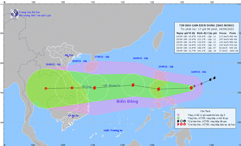 Dự báo vị trí và đường đi của bão NORU (cập nhật lúc 17h00, ngày 24/9). Nguôn: Trung tâm Dự báo khí tượng thuỷ văn quốc gia