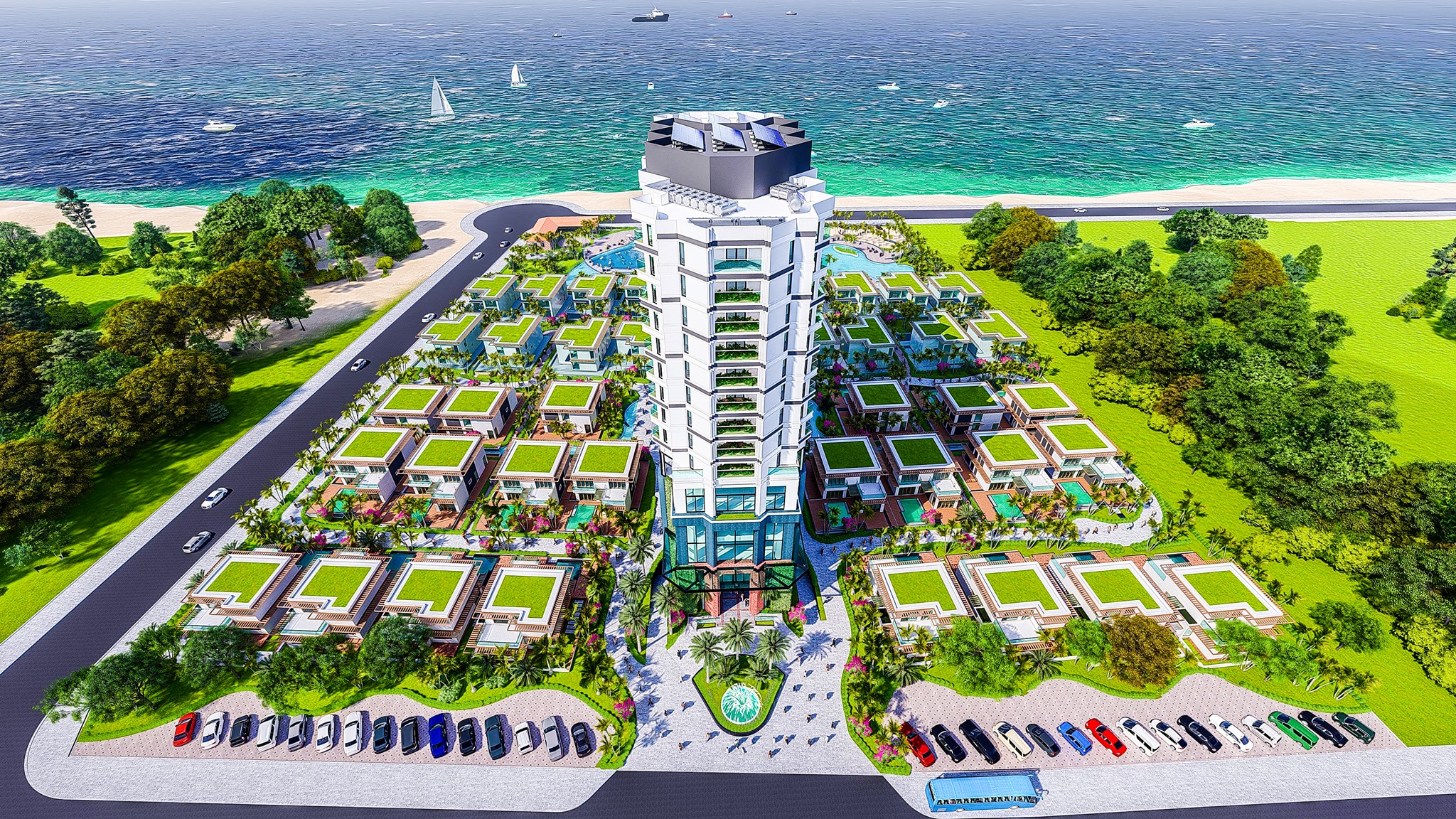Ngoài 36 căn villa, Dự án  Khu nghỉ dưỡng cao cấp Aminia Ninh Chữ  còn có hạng mục khách sạn cao 15 tầng, hồ bơi, nhà hàng. Ảnh phối cảnh.