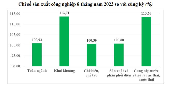 Chỉ số sản xuất công nghiệp tỉnh Bình Định 8 tháng năm 2023 so với cùng kỳ 2022. Nguồn: Cục Thống kê tỉnh Bình Định.