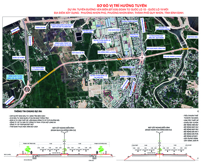 Sơ đồ hướng tuyến Dự án Xây dựng tuyến đường ven biển (ĐT.639), đoạn từ Quốc lộ 1D - Quốc lộ 19 mới 