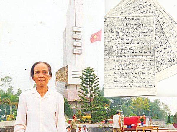 Bà Đặng Thị Xơ và bức thư của liệt sỹ Lê Văn Huỳnh viết trước khi hy sinh. Ảnh: tư liệu