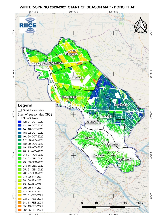Một bản đồ cảm biến từ xa cho thấy khu vực trồng lúa theo ngày trong vụ đông xuân năm 2021-2021 tại tỉnh Đồng Tháp. Những bản đồ như thế này là công cụ quan trọng để theo dõi và quản lý rủi ro trong sản xuất lúa