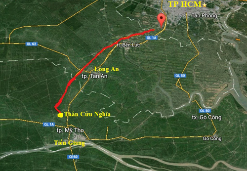Cao tốc Trung Lương - Mỹ Thuận sẽ kết nối với cao tốc TP HCM - Trung Lương (đường màu đỏ) tại nút giao Thân Cửu Nghĩa (chấm vàng). Ảnh: Google maps