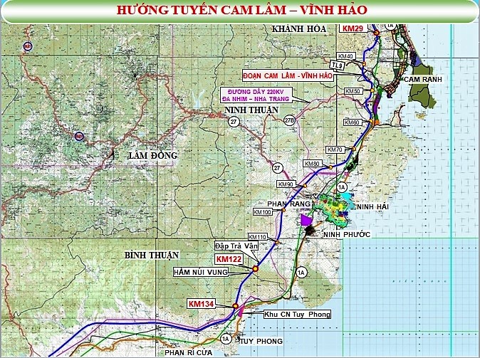 Sơ đồ hướng tuyến cao tốc Cam Lâm - Vĩnh Hảo (đường màu xanh) theo phương án của đơn vị tư vấn.