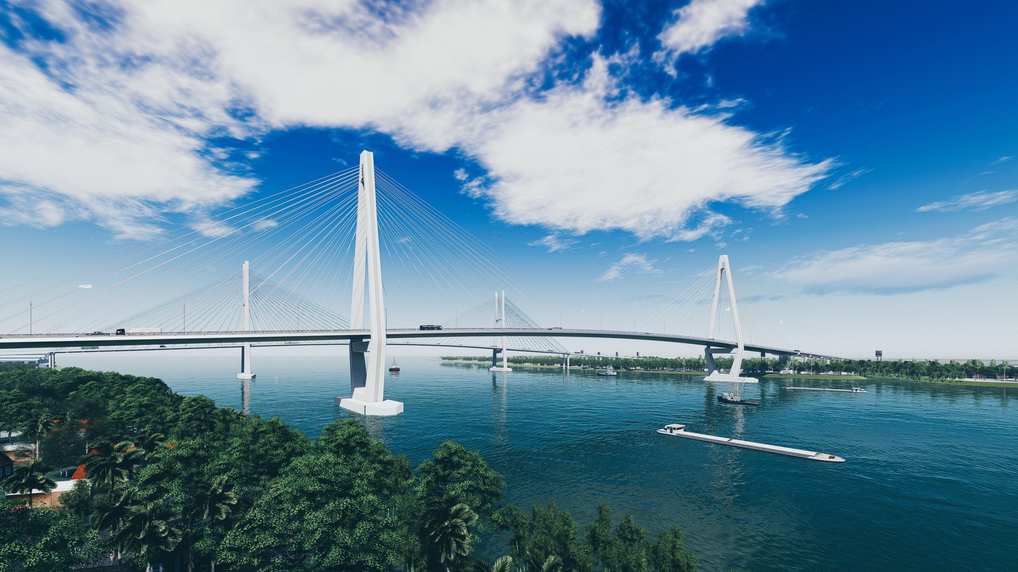 Phối cảnh phần cầu chính dây văng Mỹ Thuận 2 vượt sông Tiền trên cao tốc Bắc - Nam phía Đông.