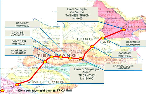 Hướng tuyến dự kiến của Dự án đường sắt Tp.HCM - Cần Thơ.