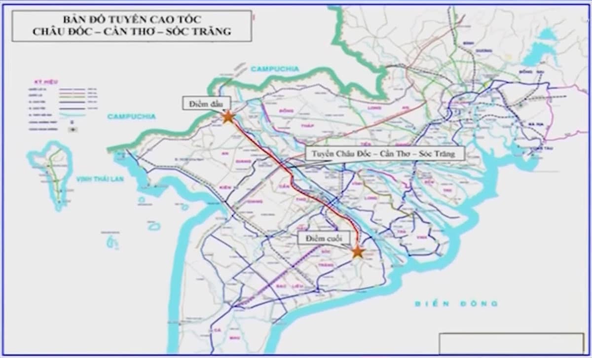 Bản đồ hướng tuyến cao tốc Châu Đốc - Cần Thơ - Sóc Trăng