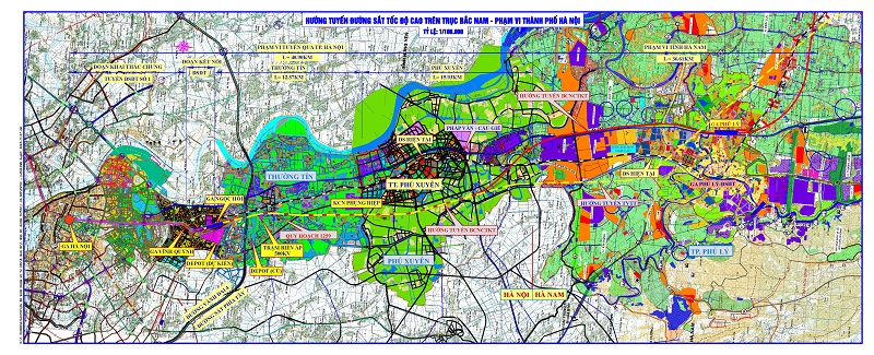 Bản đồ hướng tuyến đường sắt tốc đô cao trên trục Bắc - Nam qua địa phận TP. Hà Nội.
