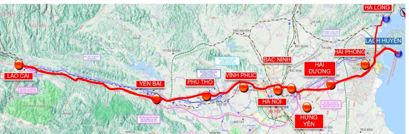 Hướng tuyến đường sắt Lào Cai - Hà Nội - Hải Phòng.