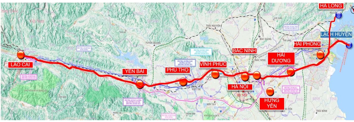 Hướng tuyến đường sắt Lào Cai - Hà Nội - Hải Phòng.