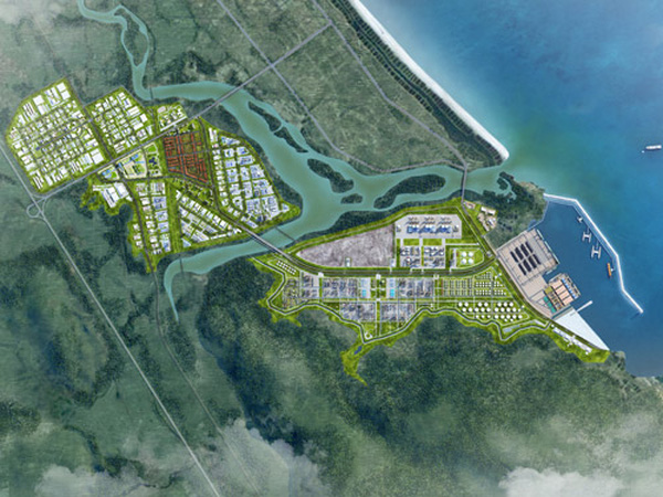 Phối cảnh tổng thể KCN Hòa Tâm và cảng biển nước sâu Bãi Gốc.