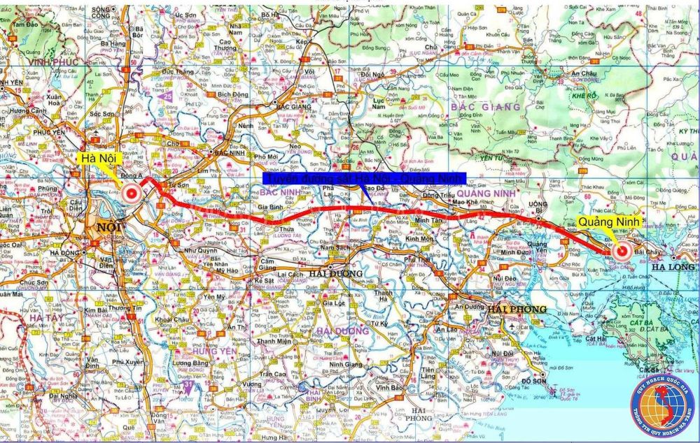 Bản đồ hướng tuyến đường sắt tốc độ cao H&agrave; Nội - Quảng Ninh.