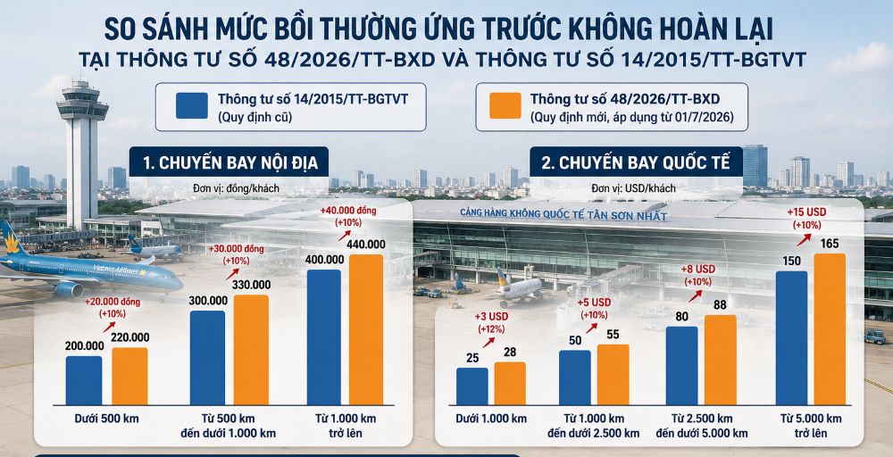 iểm mới lớn nhất của Thông tư số 48/2026/TT-BXD là lần đầu tiên quy định cụ thể thời hạn hoàn vé theo từng phương thức thanh toán, đồng thời mở rộng các hình thức bồi thường và làm rõ trách nhiệm của hãng hàng không đối với hành khách.