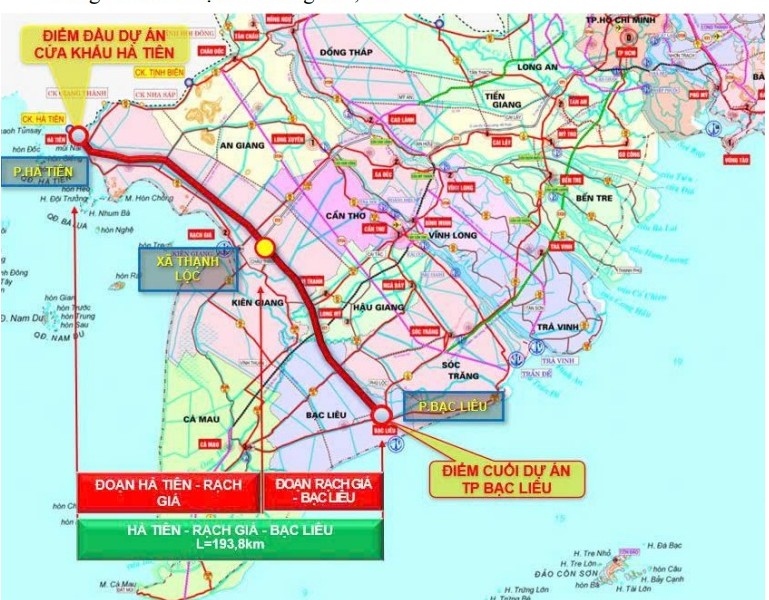 Hướng tuyến Dự &aacute;n cao tốc H&agrave; Ti&ecirc;n - Rạch Gi&aacute; - Bạc Li&ecirc;u.